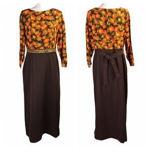 Vintage 60-70's Maxi Plus Size 20 1/2 Hostess Long Floral Orange Brown Mod Retro